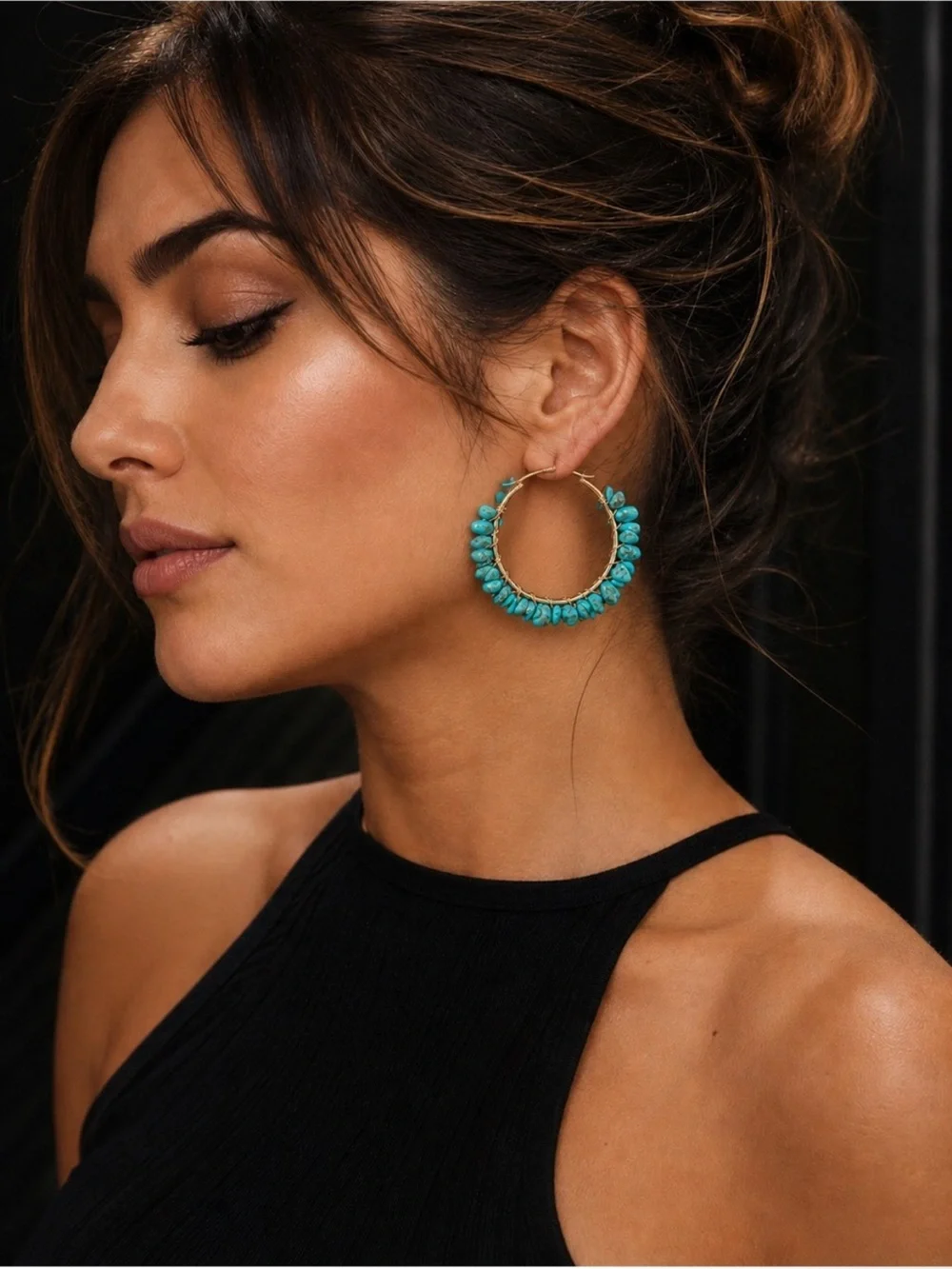Artisan Gold Hoop Earrings with Turquoise